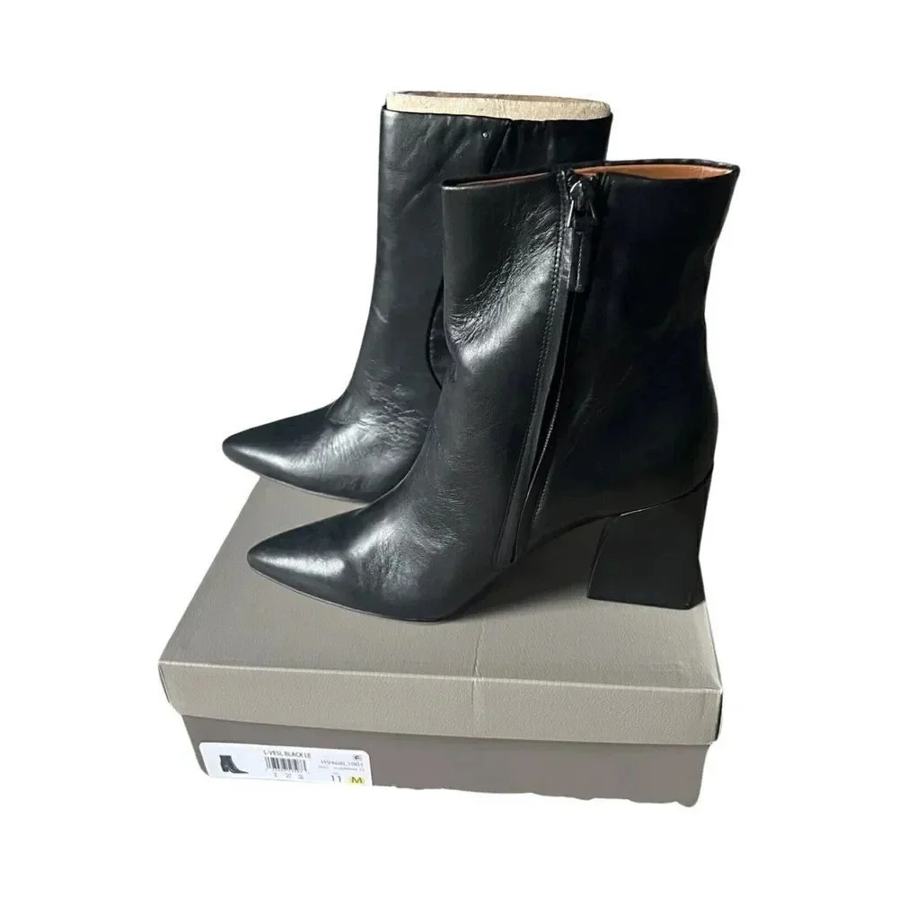Franco‎ Sarto L-Vesi Black Leather Pointed Toe Block Heel Ankle Boots Size 11 M